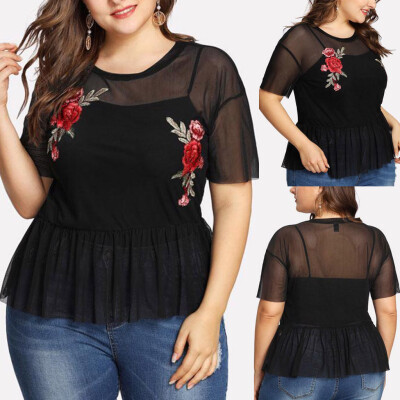 

Roseonmyhand Fashion Women Plus Size Casual Floral Short Sleeve Appliques Ruffle Mesh Top Tee