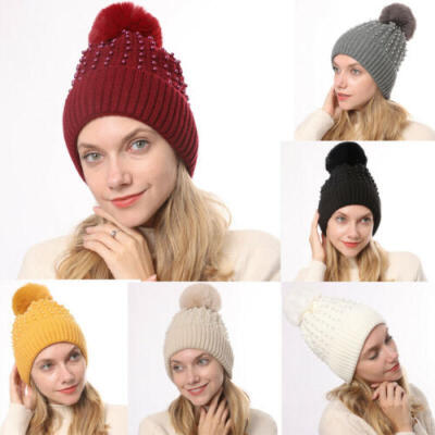 

Women Knitted Hats Fake Pearl Solid Color Winter Spring Warm Beanies Skate Caps