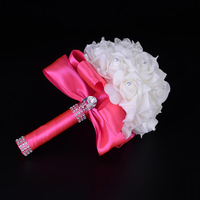 

Gobestart Crystal Roses Bridesmaid Wedding Bouquet Bridal Artificial Silk Flowers Hot Pink