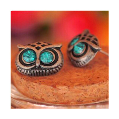 

E07 Hot Sale Cute Owl Stud Earrings Lovely Animal Stud Earrings Women Fashion Party Jewelry Green Crystal Rhinestone Wholesale