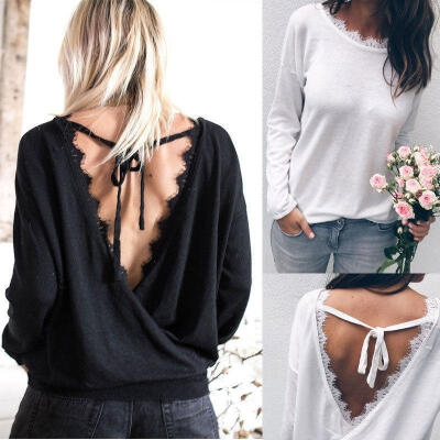 

Fashion Women Summer Casual Lace Blouse Long Sleeve Shirt T-shirt Blouse Halter