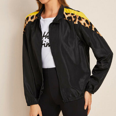 

Women Stylish Autumn Leopard Stitching top Zipper Punk Loose Coat Jacket Tops