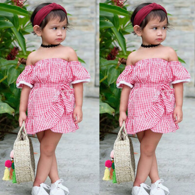 

Toddler Baby Girls Off Shoulder Plaid Print Dress Lace Ruffles Dresses Clothes