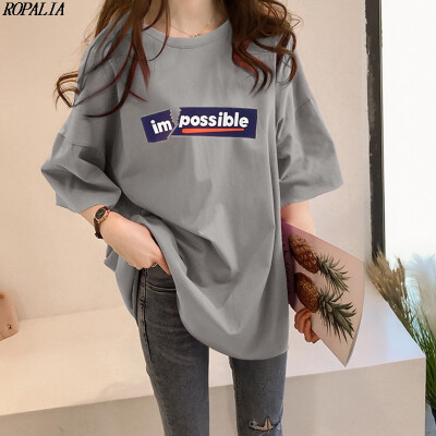 

Womens Round Neck Letter Print Short Sleeve Loose Long T-Shirt Simple Casual Summer Cool Tops