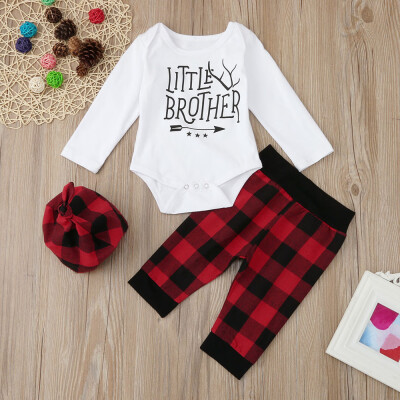 

Newborn Infant Baby Boy Letter Romper TopsPlaid Pants Hat 3pcs Clothes Set