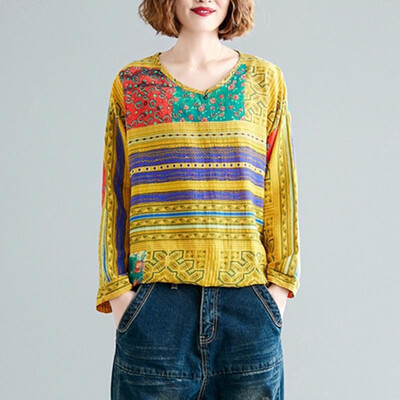

Women Vintage Loose Blouse Printed Long Sleeves Drawstring Oversized Plus Size Cotton Linen Spring Autumn Casual Tops