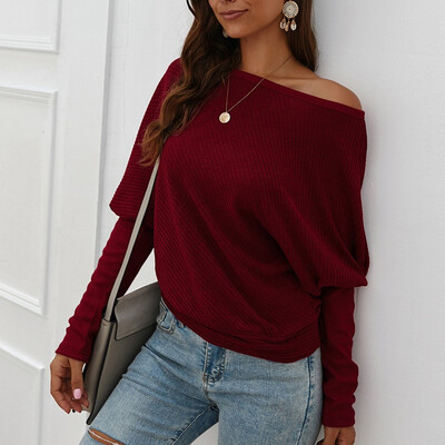 

Tailored Women Slash-Neck Solid Color Long Sleeve Knitted Sweaters Casual Blouse Tops