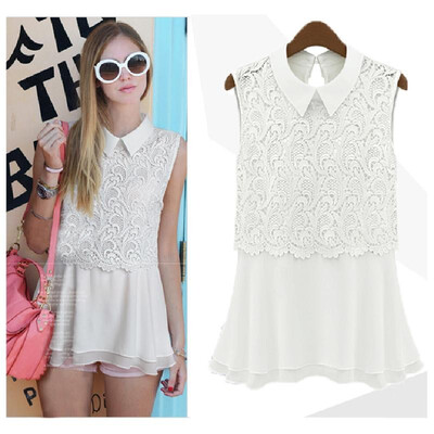 

Fashion Women Chiffon Blouse Crochet Lace Turn-down Collar Sleeveless Top Cute Slim Shirt Yellow