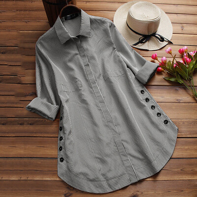 

Womens Casual Loose Tops T-shirt Lapel Long Sleeve Double-breasted Comfy Tops