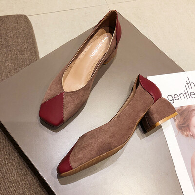 

Middle heel single shoe girl spring retro gentle wind square head thick heel fairy shoes chic grandmother shoes