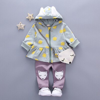 

Toddler Baby Girls Long Sleeves Print Hooded Coat Tops Solid Fox Pants Bag Sets