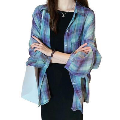 

Retro Plaid Women T-Shirt Long Sleeve Single Breasted Sunscreen Summer Tops