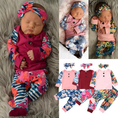

UK Newborn Baby Girls Winter Outfits Clothes Floral TopsLong PantsHeadband Set