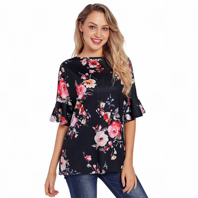 

Round neck cropped sleeve bohemian print loose tops womens