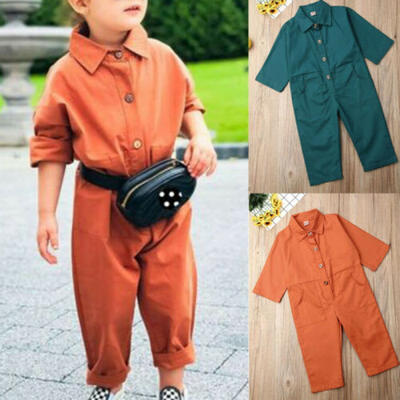 

Kids Baby Girls Long Sleeve Button Solid Color Loose Romper Playsuit Tracksuit