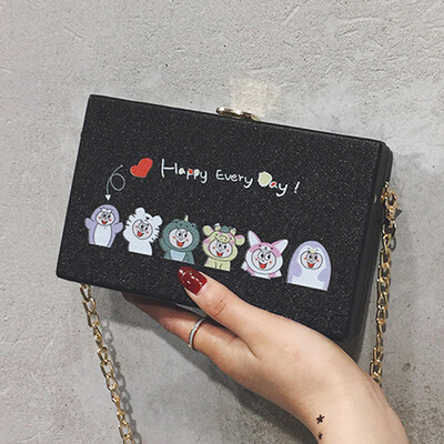 

2019 new spring&summer printed small bag womens box shoulder bag Messenger bag cartoon girl chain bag