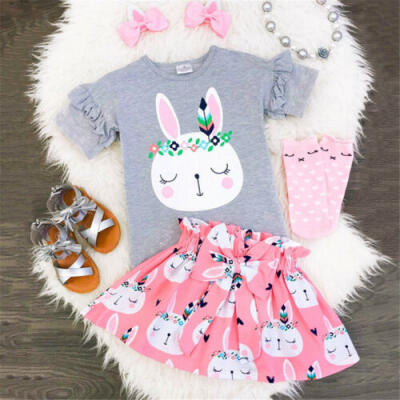 

Newborn Kids Baby Girls Bunny Tops T-shirt Bowknot Skirt Dress Outfits Clothes