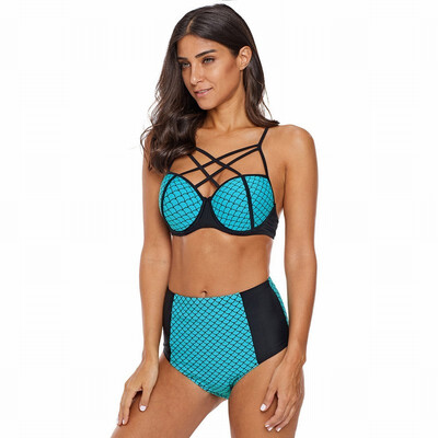 

High waist fish scale print bikini two-piece with chest pad with steel plate split Swimwear women