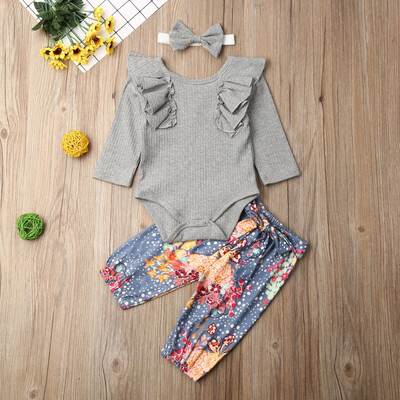 

Autumn Newborn Baby Kids Girl Outfits Romper TopsFloral PantsHeadband Set