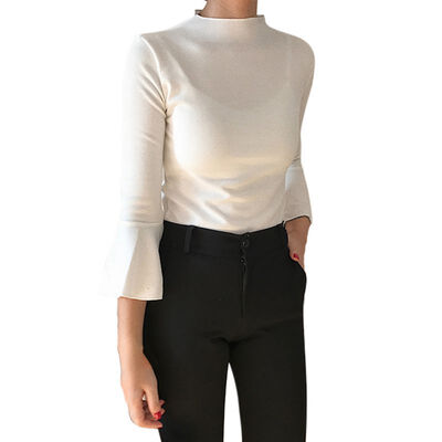 

T Shirt Women Autumn Slim Long Flare Sleeve High Quality Plain Cotton Elastic Basic T-shirts Female Casual Tops Elegant Solid