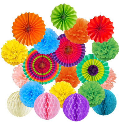 

19Pcs Hanging Paper Fan Flower Pom Honeycomb Ball Wedding Party Festival Decor
