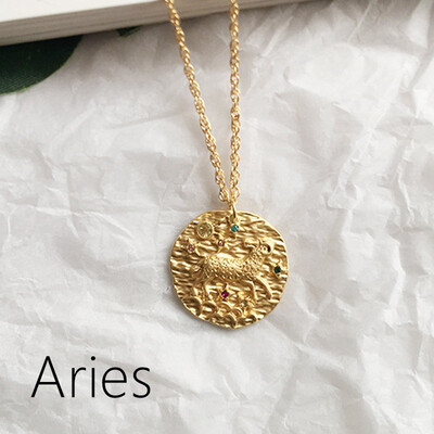 

French Star Zodiac 12 Constellation Coin Necklaces & Pendants Choker embossed dream new retro sweater chain random stone color