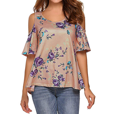 

Starmoon Womens Floral Print Cut Out Shoulder Short Sleeve T Shirt Tops Blouse