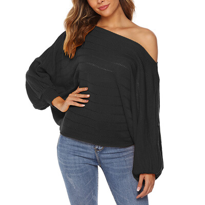 

Solid Color Slash Neck Off-shoulder Sweater Loose Hood Long-sleeved Shirt