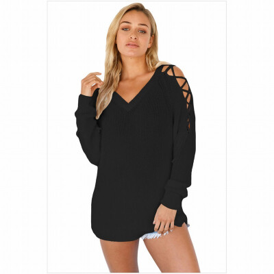 

V-neck long-sleeved lace shoulder loose knit sweater casual pullover top