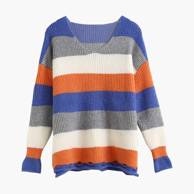 

〖Follure〗Women Fashion V-Neck Striped Pacthwork Printed Long Sleeve Pullover Sweaters