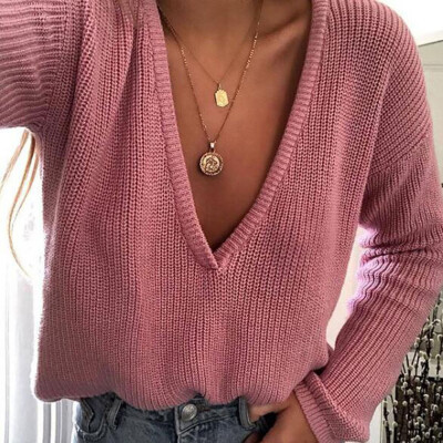 

〖Follure〗Women Casual Deep V Neck Knitted Sweater Jumper Tops Long Sleeve Pullover