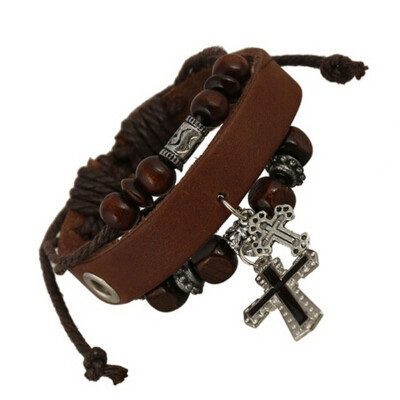 

Fashion Jewelry Handmade Double Cross Pendant Beaded Leather Bracelets Adjustable Multilayer Braided Bracelets Wristband