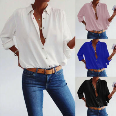 

Fashion Women Solid T-shirt V-Neck Blouse Button Long Sleeve Loose Shirts Tops