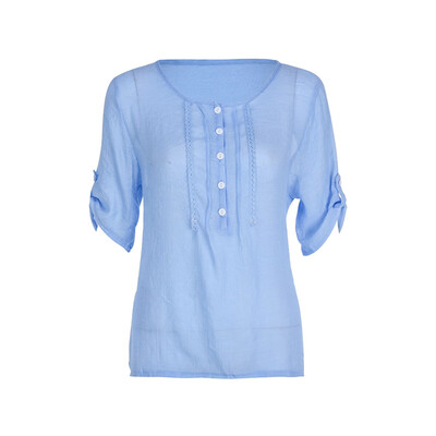 

Nomeni Women Casual Solid Button Stitch Ruffled Short Sleeve Shirt Chiffon Top Blouse