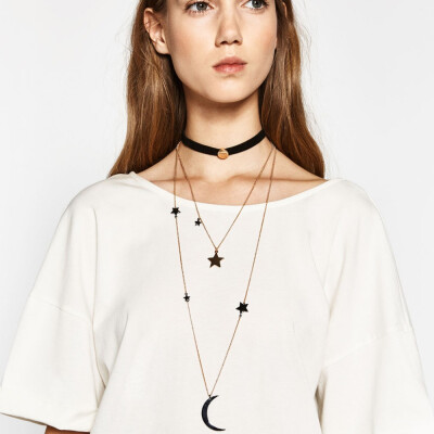 

2pcs Moon Star Long Pendant Pattern Choker Necklace Sweater Chain