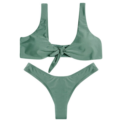 

Shoulder Strap Backless Padded Tied Low Waist Solid Color Women Bikini Set