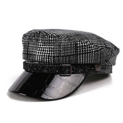 

Hat ladies small breeze lattice octagonal hat autumn&winter new Korean flat-topped navy hat England retro berets