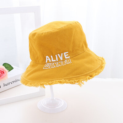 

Korean version of the new woolly denim fisherman hat solid-colored letter womens hat casual flat top basin hat big edge sun hat