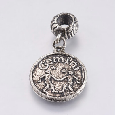 

Alloy European Dangle Beads Large Hole Pendants ConstellationZodiac Sign Antique Silver with Word Intelligent Gemini 33mm