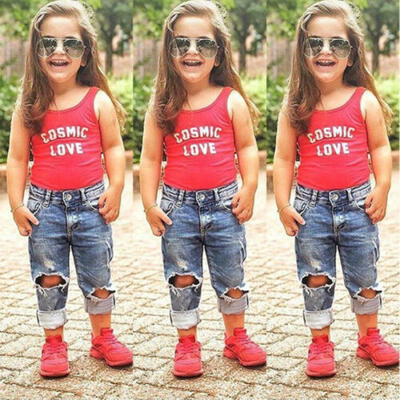 

2PCS Toddler Baby Girl Clothes Outfits T-shirt TopsRip Denim Jeans Pants Set US