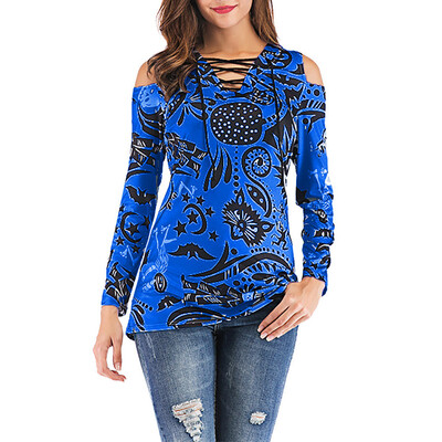 

Nomeni Women Long Sleeve Off Shoulder V Neck Printed Tops Loose T-Shirt Blouse