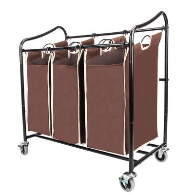 

Heavy Duty 3 Bags Rolling Cart Laundry Clothes Sorter Basket Organizer Coffee US