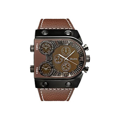 

OULM Men Three Time Zones Leather Band Quartz Watch Cool Big Dial Analog Wrist Watches