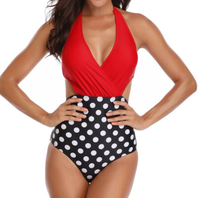 

Saidsome Women Padded Sexy Floral Lace-up Print Backless Bikini Halter One Piece Swimwear