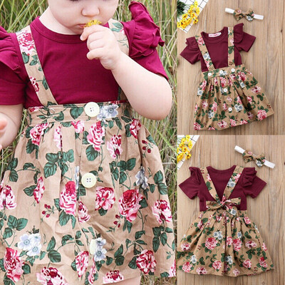 

Infant Newborn Baby Girls Tops Romper Floral Belt Dress Headband 3pcs Outfit