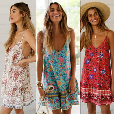 

USA Womens Sexy Boho Floral Summer Party Evening Beach Short Mini Dress Sundress