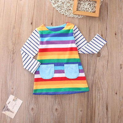 

Toddler Kids Baby Girls Rainbow Dress Long Sleeve Cotton Princess Party Dresses