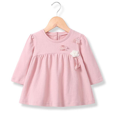 

Loose Sweet Solid Color Cute A-line Dress Kids Girls O-Neck Flowers Decor