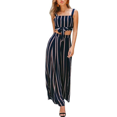 

Sexy Two Piece Sets Women Stripe Tank Top Wide Leg Pants Female Bow Crop Top Shirts Loose Long Trousers 2 Piece Sets