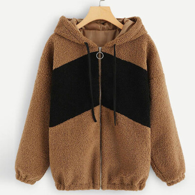 

Roseonmyhand Women Casual Long Sleeve Fleece Hooded Zipper Patchwork Loose Jacket Coat